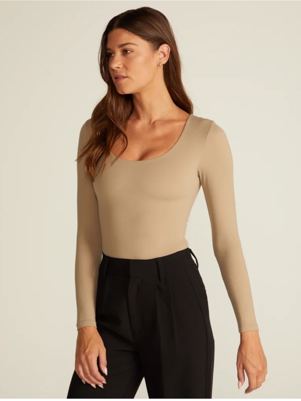 BYLT Scoop Neck Long Sleeve Bodysuit in Beige, Medium